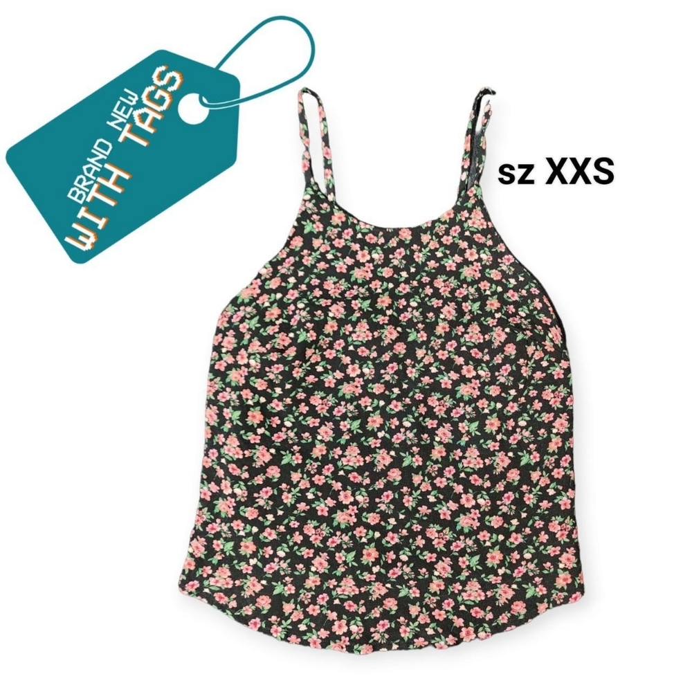 New with Tags American Eagle XXS Black Pink Floral Cropped Fairycore Tank Top